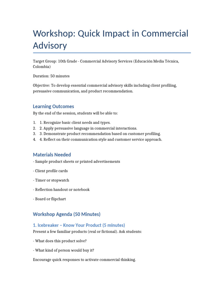 Workshop 10th Grade Commercial Advisory | PDF