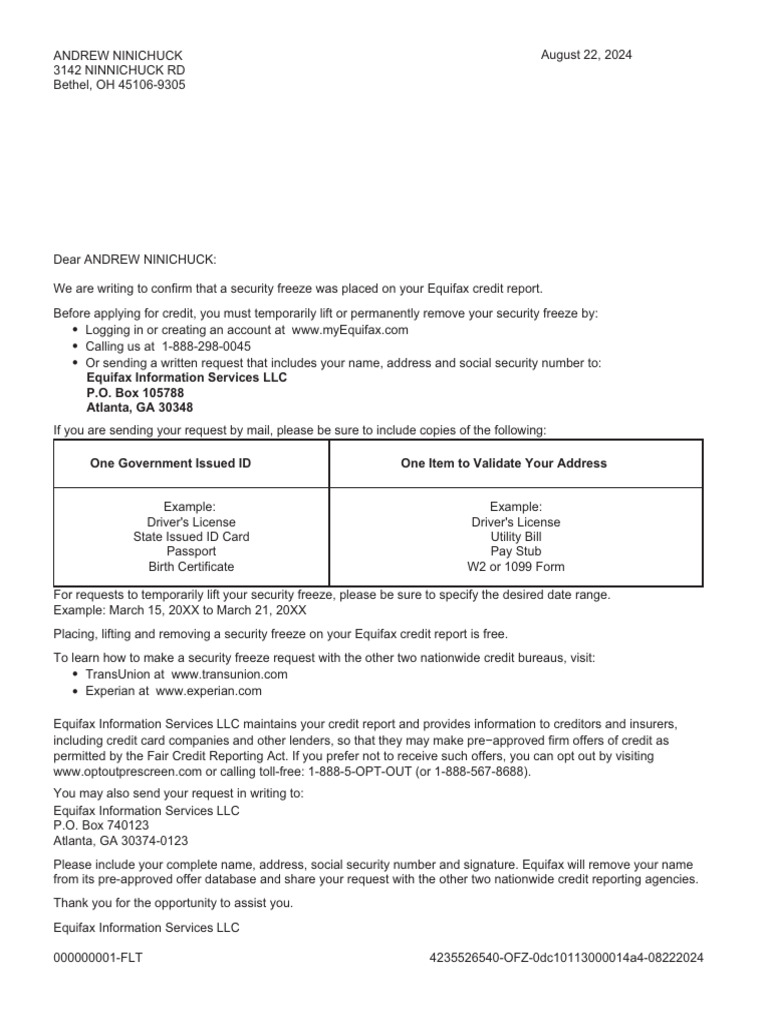 Equifax Security Freeze Confirmation | PDF | Credit History | Credit Bureau