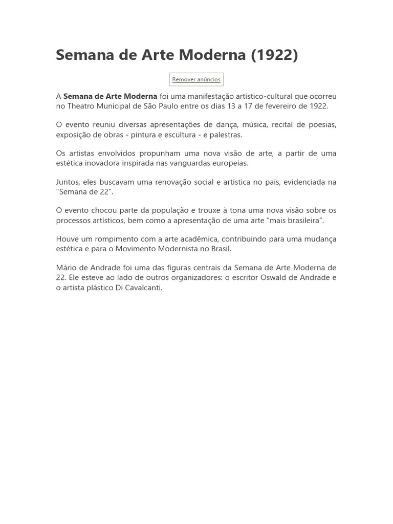 Semana de Arte Moderna de 1922: Impacto e Artistas | PDF | Modernismo ...