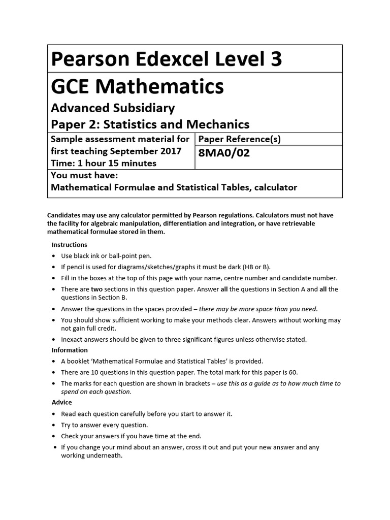 Edexcel GCE Maths AS Paper 2 Sample | PDF | Applied Mathematics ...