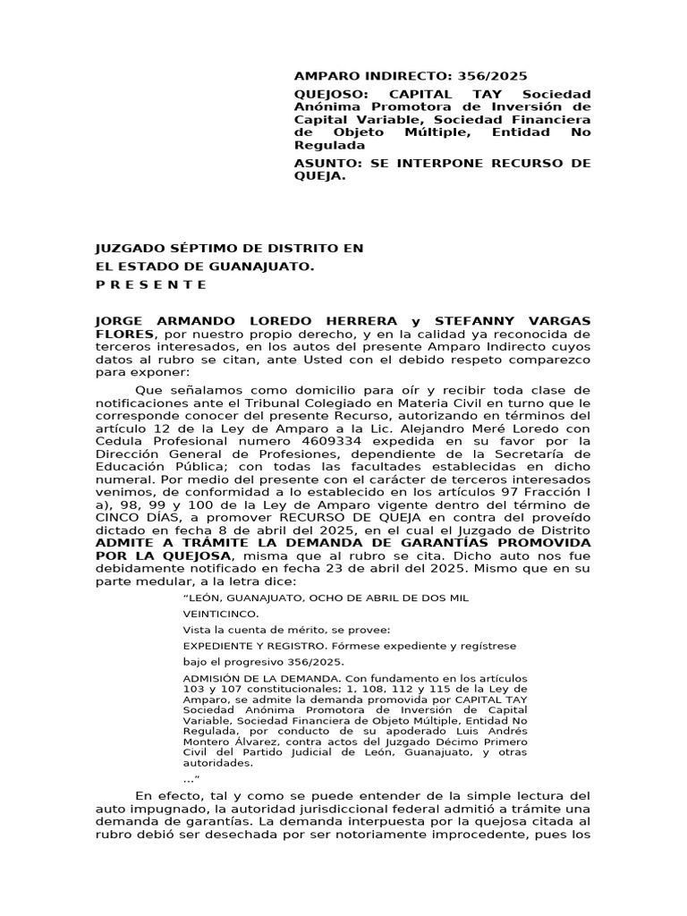 Recurso de Queja en Amparo Indirecto 356/2025 | PDF | Demanda judicial ...