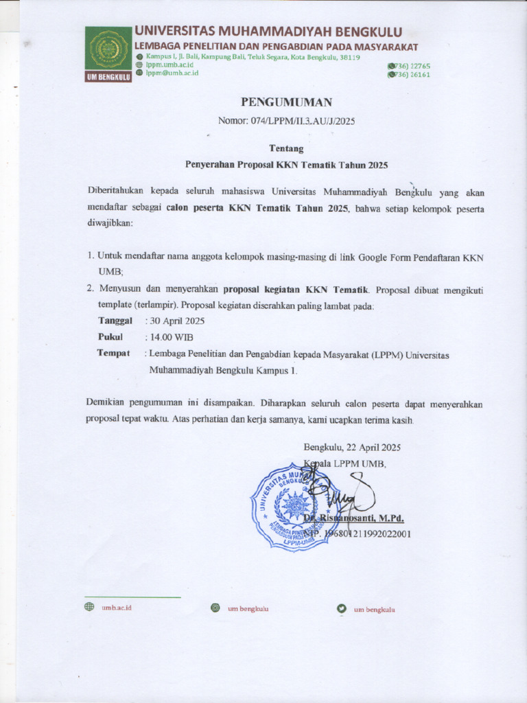 Pengumuman Penyerahan Proposal KKN Tematik 2025 | PDF