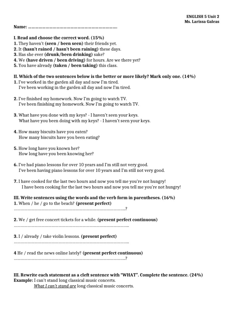 English 5 Unit 2 Grammar Exercises | PDF