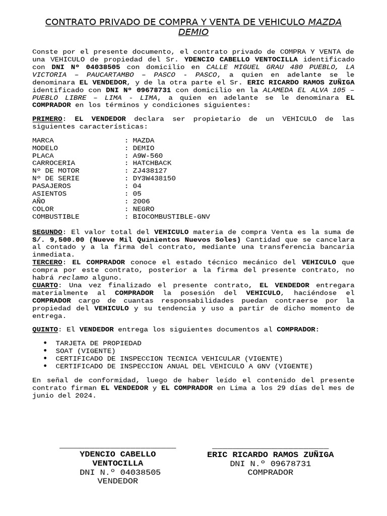 Contrato de Compra Venta de Vehículo | PDF | Industria automotriz ...