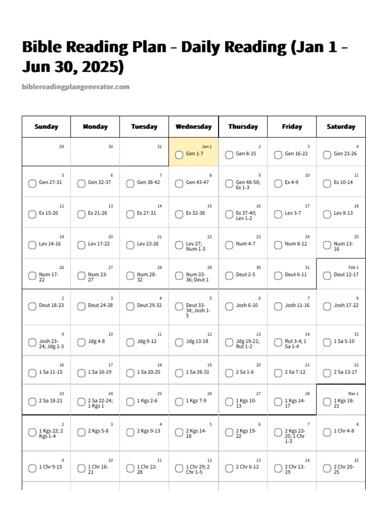 Bible Reading Plan - Daily Reading (Jan 1 - Jun 30, 2025) Bible Reading ...
