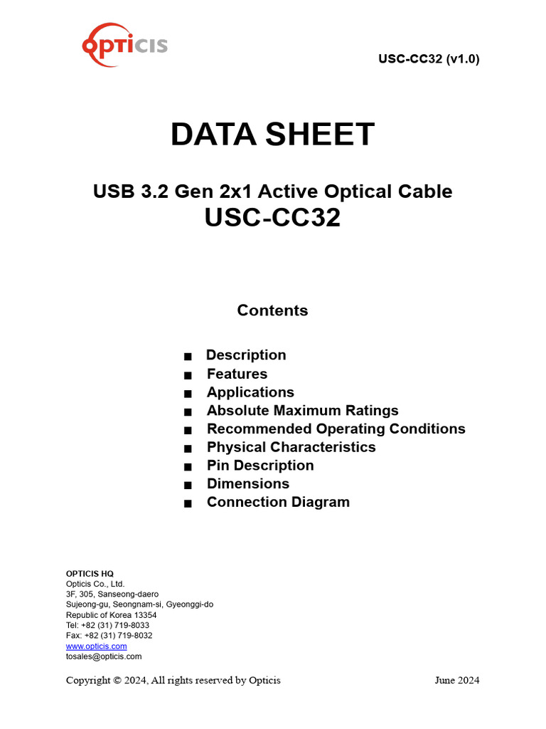 Opticis USC-CC32 Datasheet | PDF | Usb | Manufactured Goods
