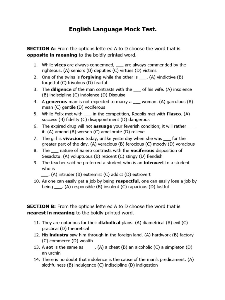 English Language Mock Test Answers | PDF | Public Law