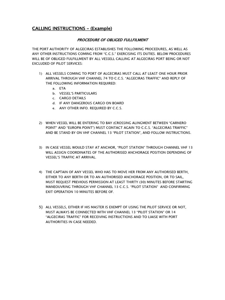 Algeciras Port Vessel Calling Procedures | PDF
