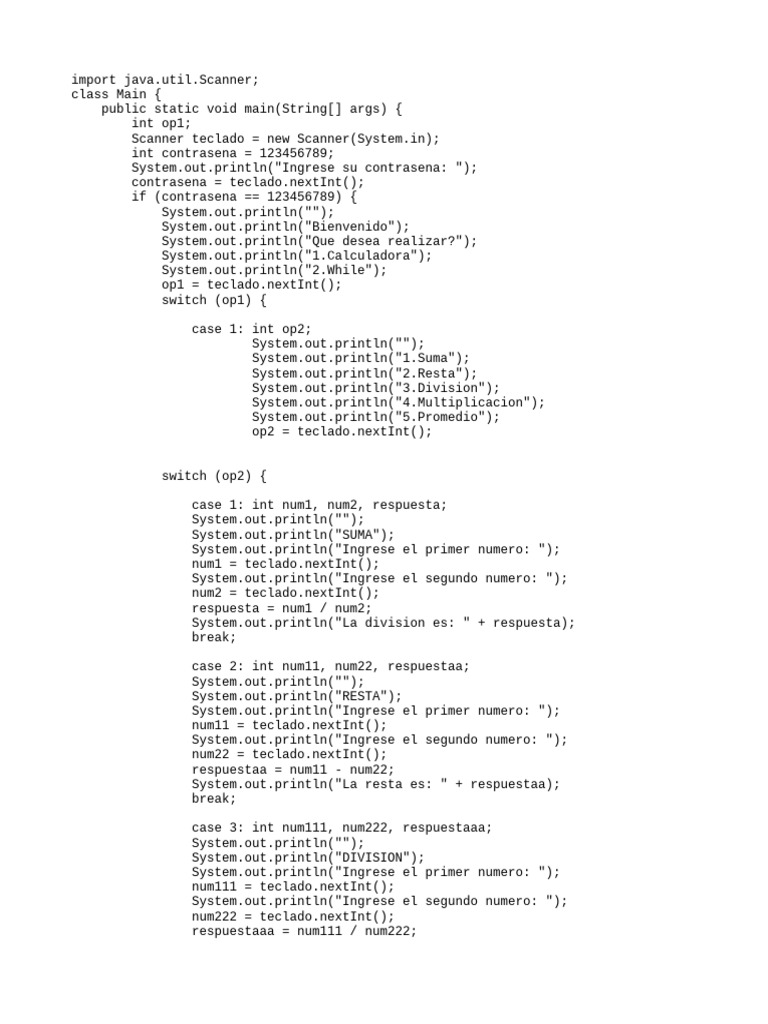 Calculadora en Java con Menú Interactivo | PDF | Programación de ...