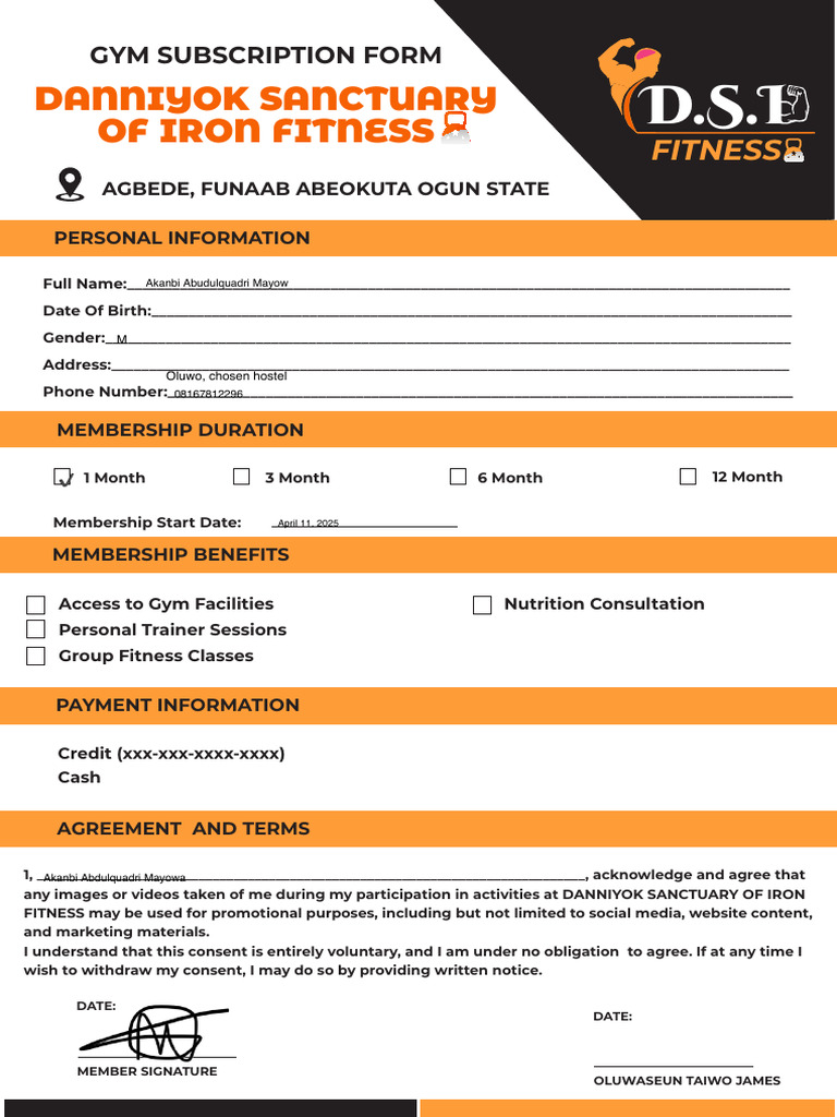 Gym Membership Subscription Form | PDF