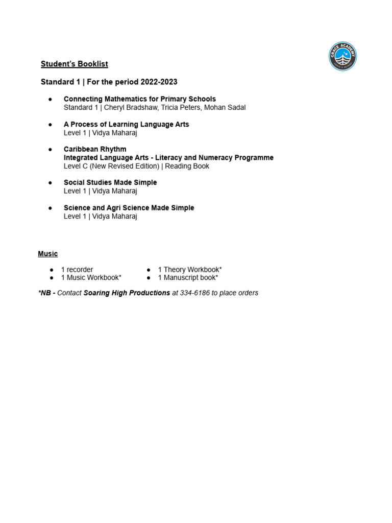 Standard 1 Booklist 2022-2023 | PDF