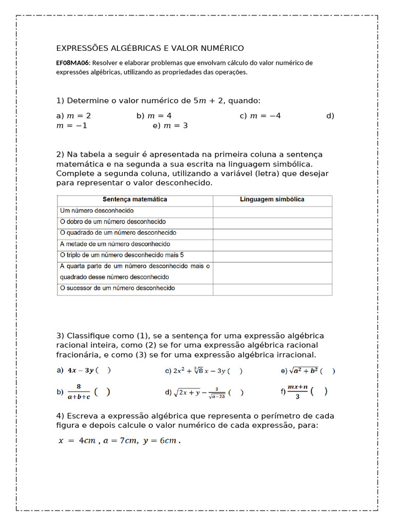 Expressões Algébricas e Valor Numérico | PDF