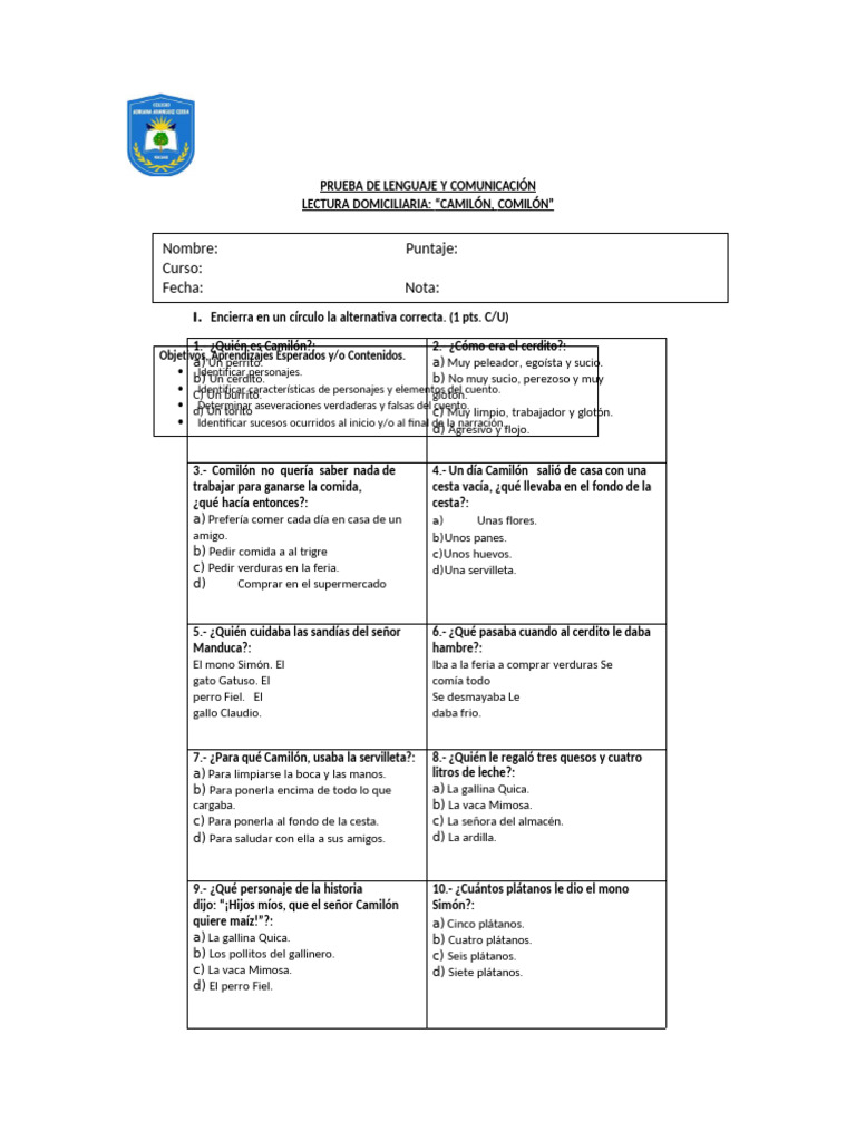 Evaluación de Lectura: 