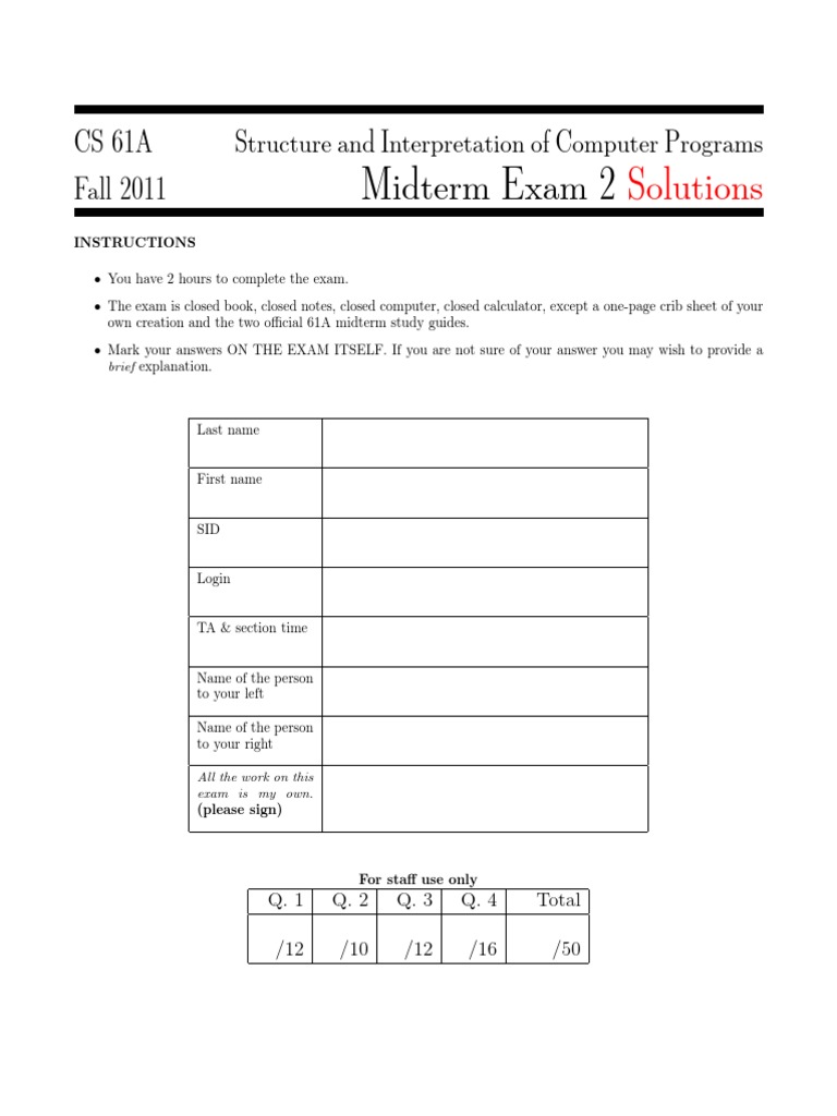 CS 61A Fall 2011 Midterm Exam 2 Solutions | PDF | Computer Programming ...