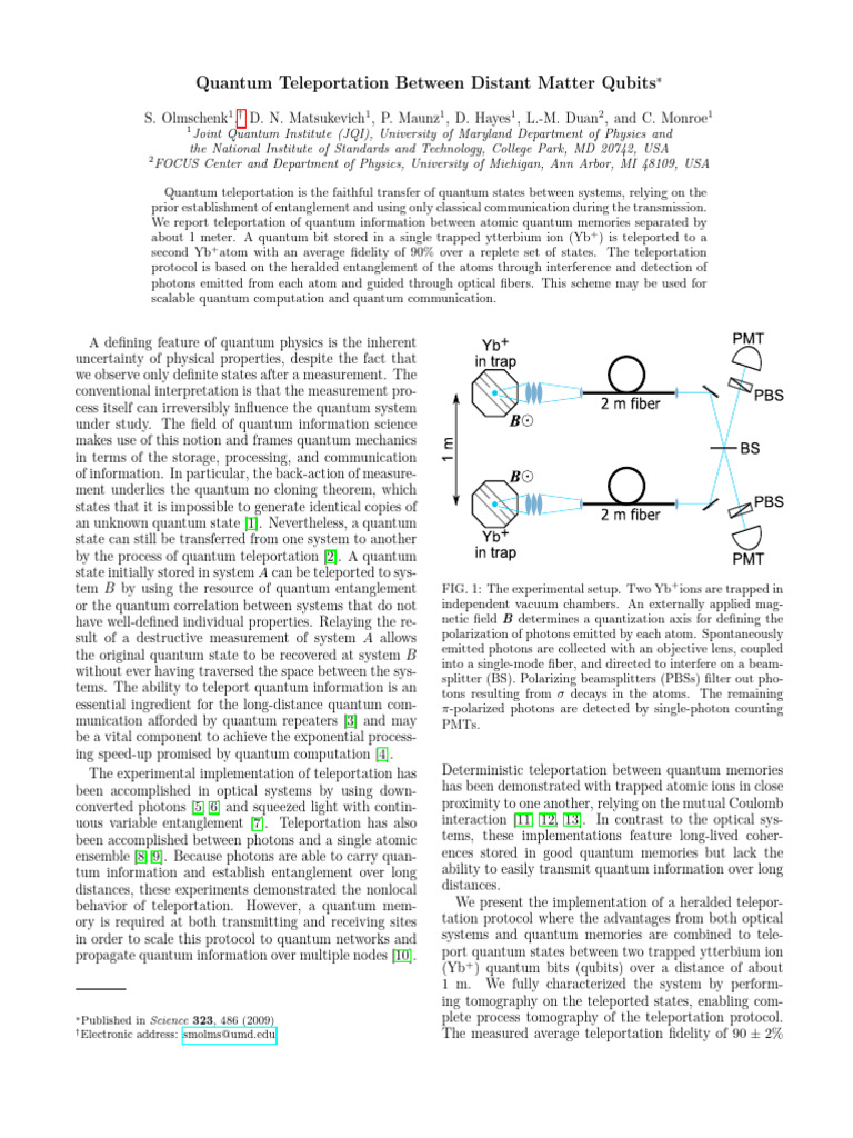 Quantum Teleportation of Yb+ Qubits | PDF | Photon | Quantum Entanglement