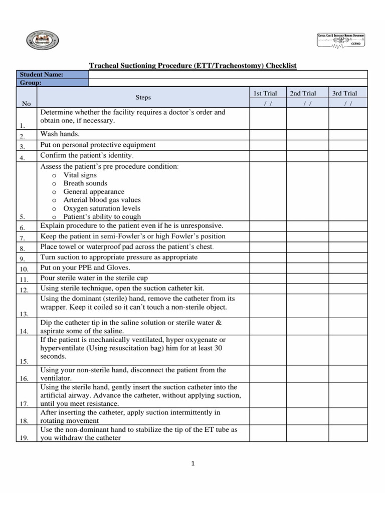 Tracheal Suctioning Check List-1 | PDF