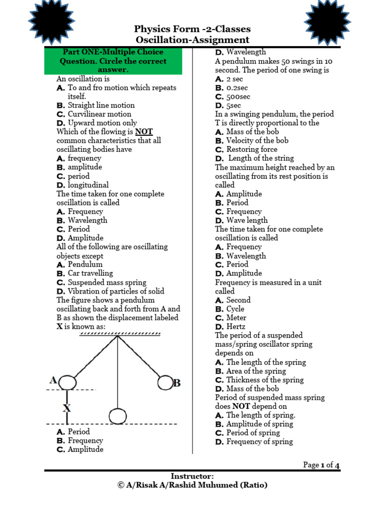 Oscillation Assignment for Physics Class | PDF | Oscillation | Frequency