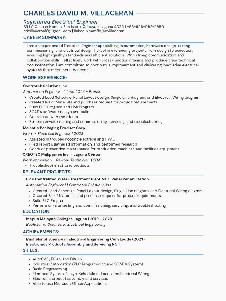 Electrical Engineer CV: Automation & Design | PDF