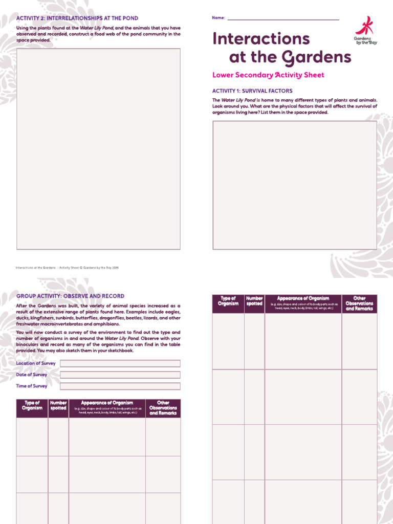 Online Resource Sec - Interactions at The Gardens (Student Worksheet) | PDF