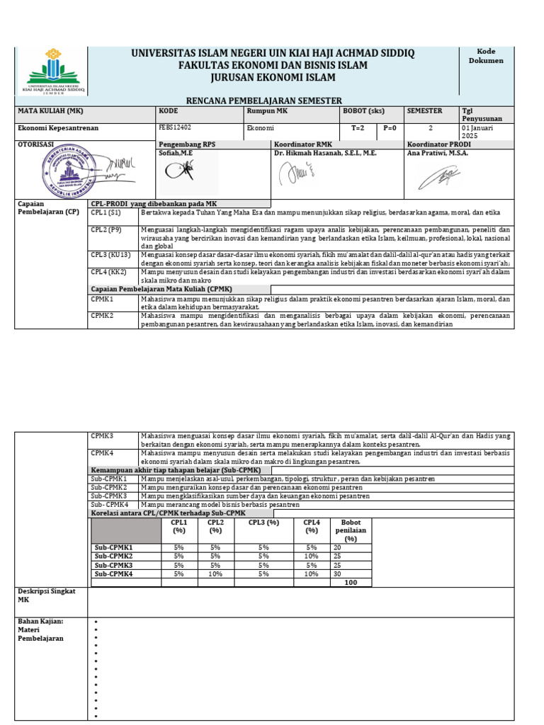 RPS OBE Ekonomi Kepesantrenan | PDF