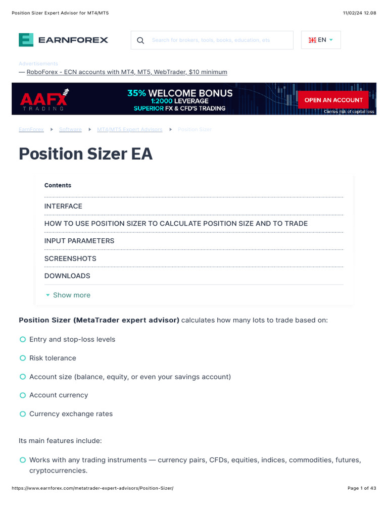 Position Sizer Expert Advisor For MT4:MT5 | PDF | Keyboard Shortcut | Swap  (Finance)