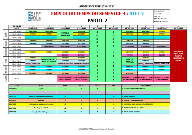 Emploi du temps 2024-2025 Semestre 4 | PDF