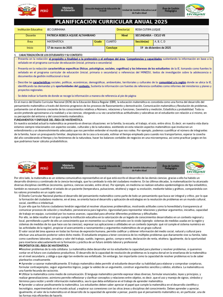 Planificación Curricular Matemática 2025 | PDF | Ecuaciones | Geometría