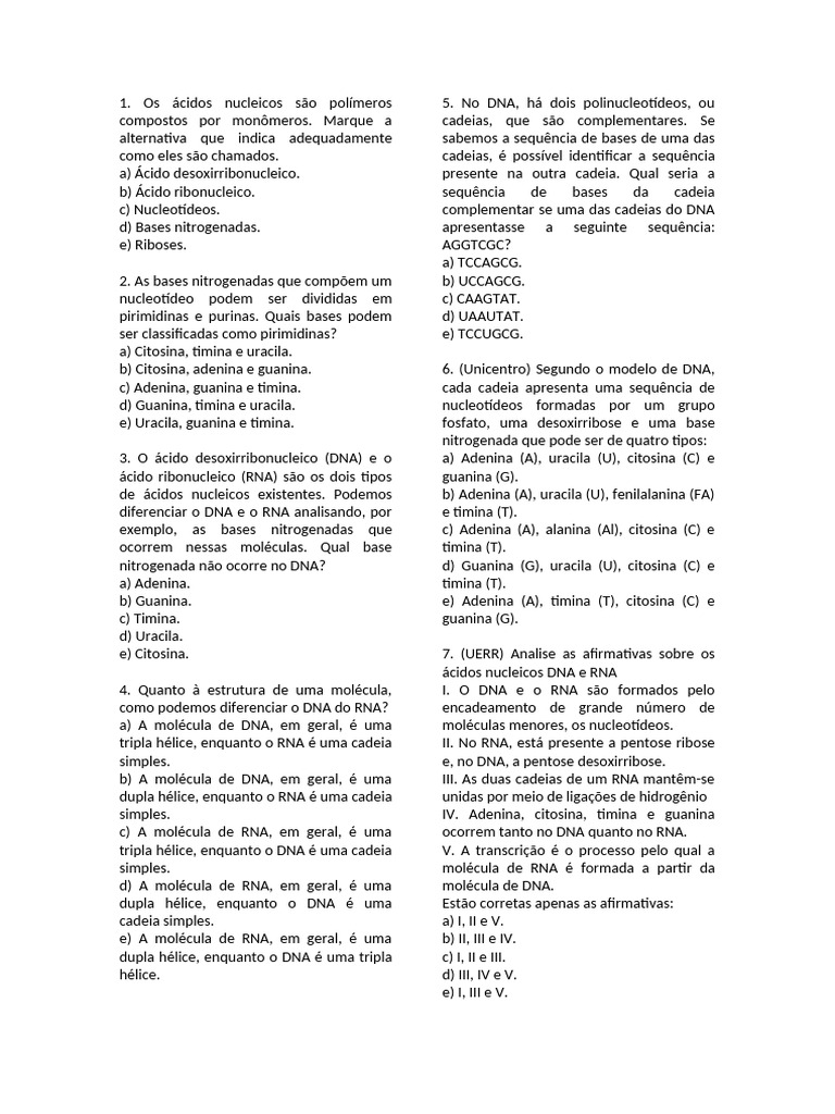 Exercícios sobre Ácidos Nucleicos | PDF | RNA | Ácidos nucleicos