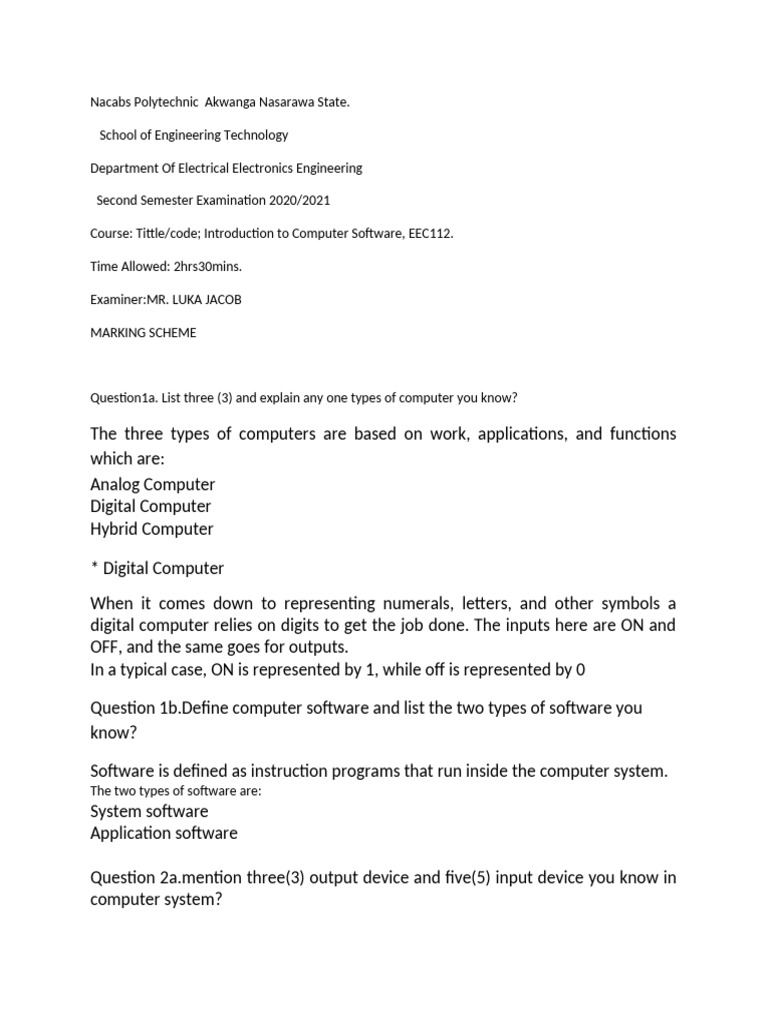 Computer Software Exam Guide EEC112 | PDF | Input/Output | Computer Science