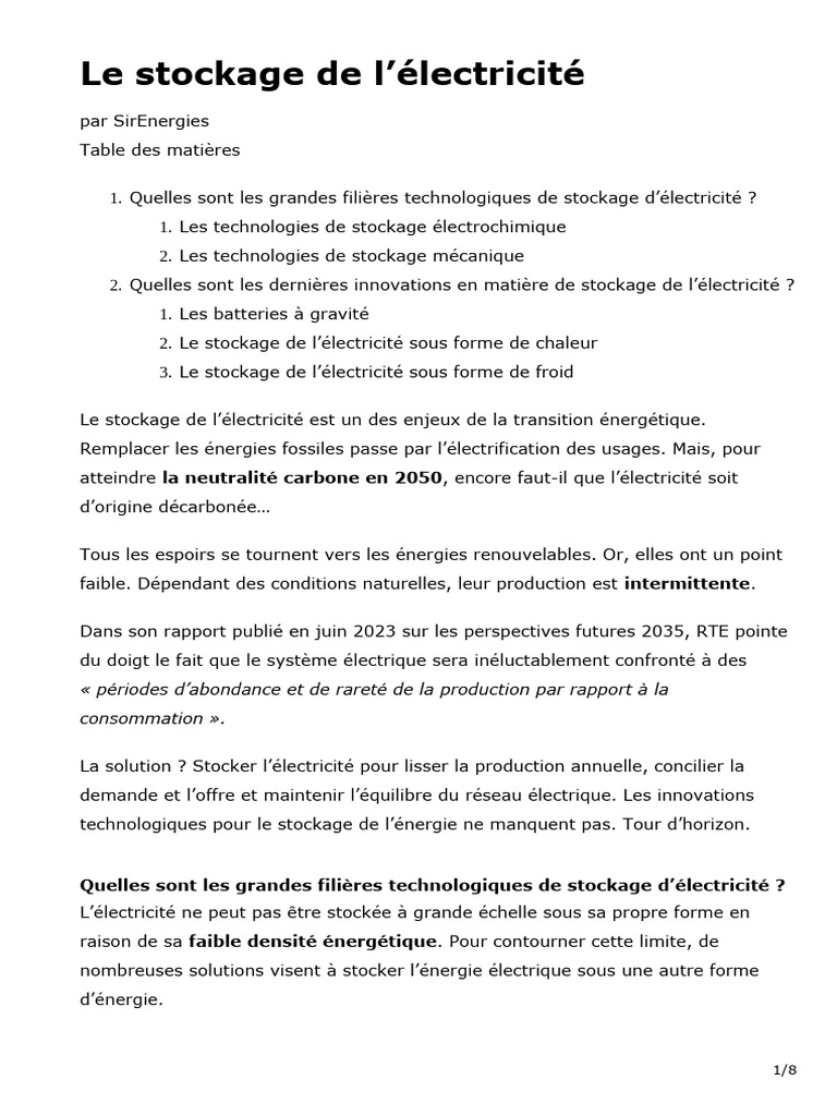 Filières et innovations du stockage électrique | PDF | Stockage de l ...