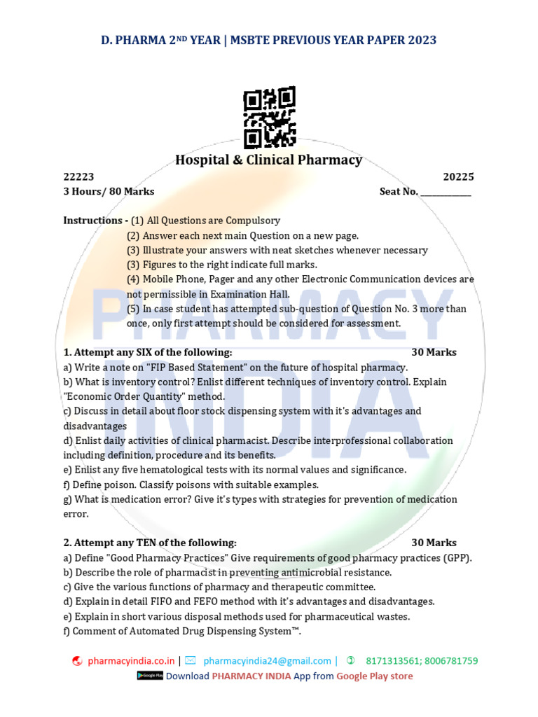 D. Pharma 2nd Year Hospital Pharmacy Paper | PDF | Pharmacy | Health Care