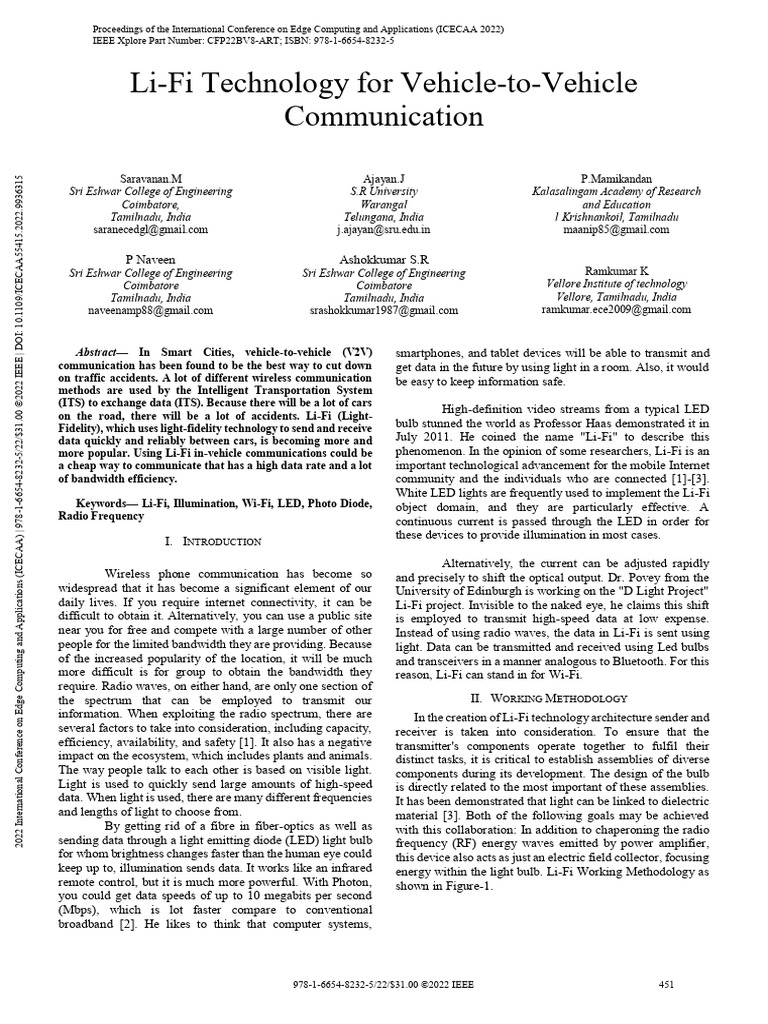 Li-Fi for Vehicle-to-Vehicle Communication | PDF | Light Emitting Diode ...