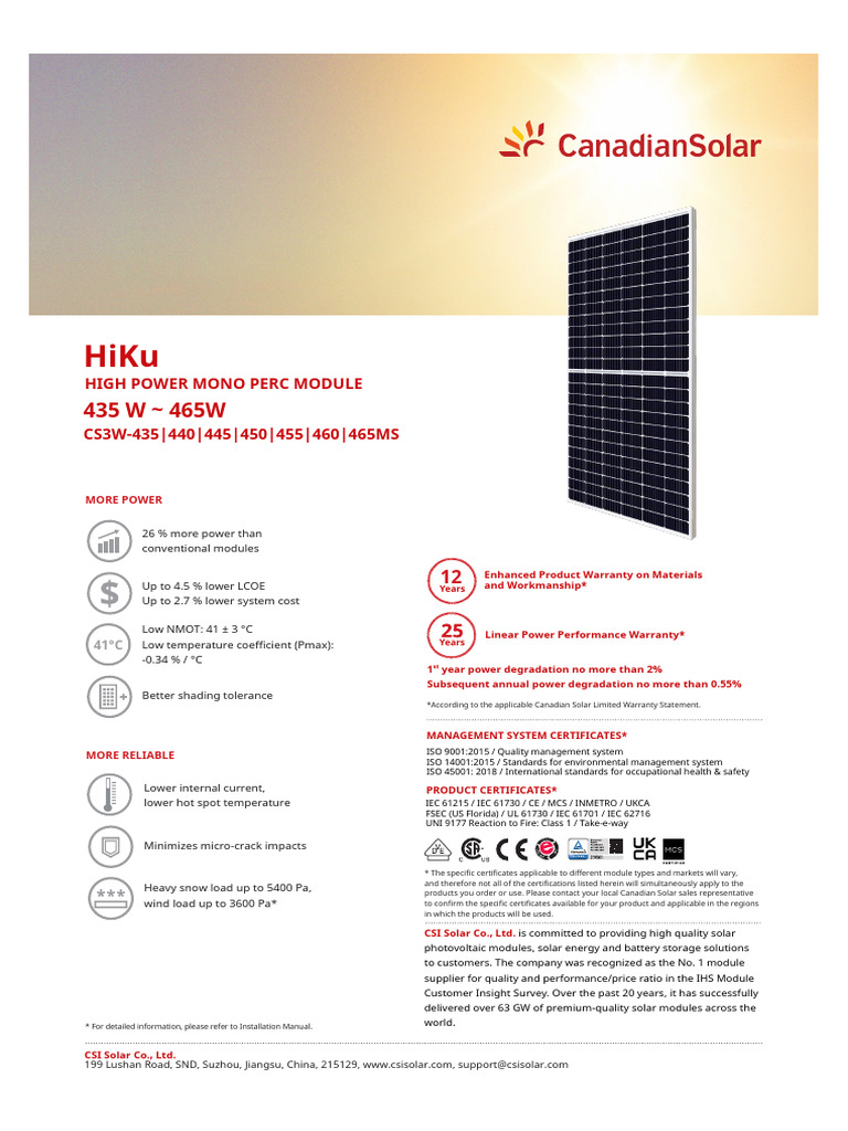 Canadian Solar HiKu6 440W Datasheet | PDF | Solar Panel | Electricity