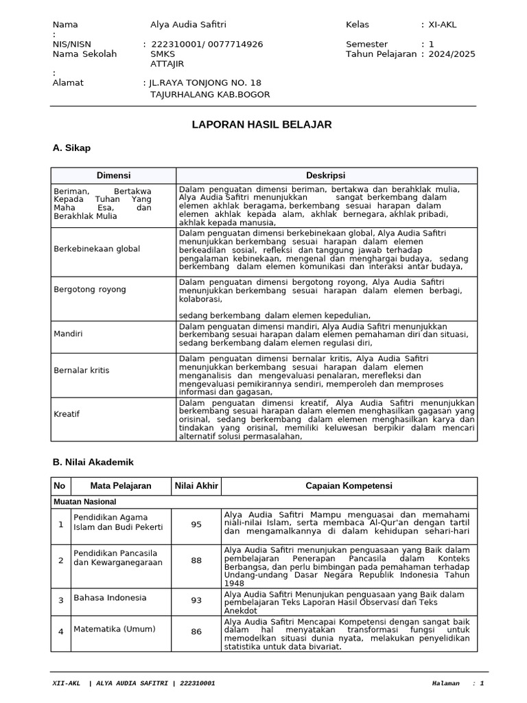 Form Raport Kelas XI Semester 1 | PDF