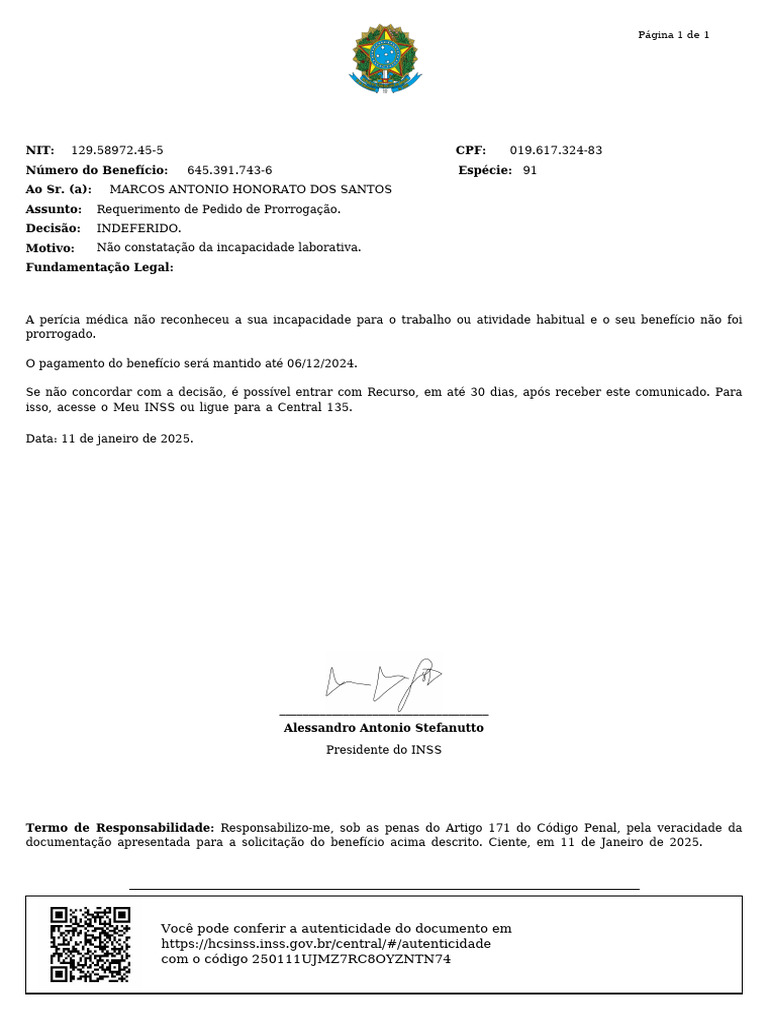 Decisão de Prorrogação INSS: Indeferido | PDF