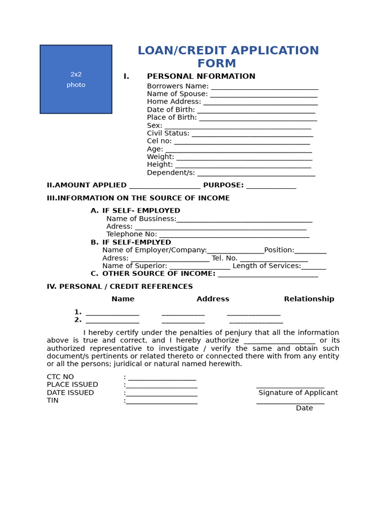 Loan and Credit Application Form | PDF