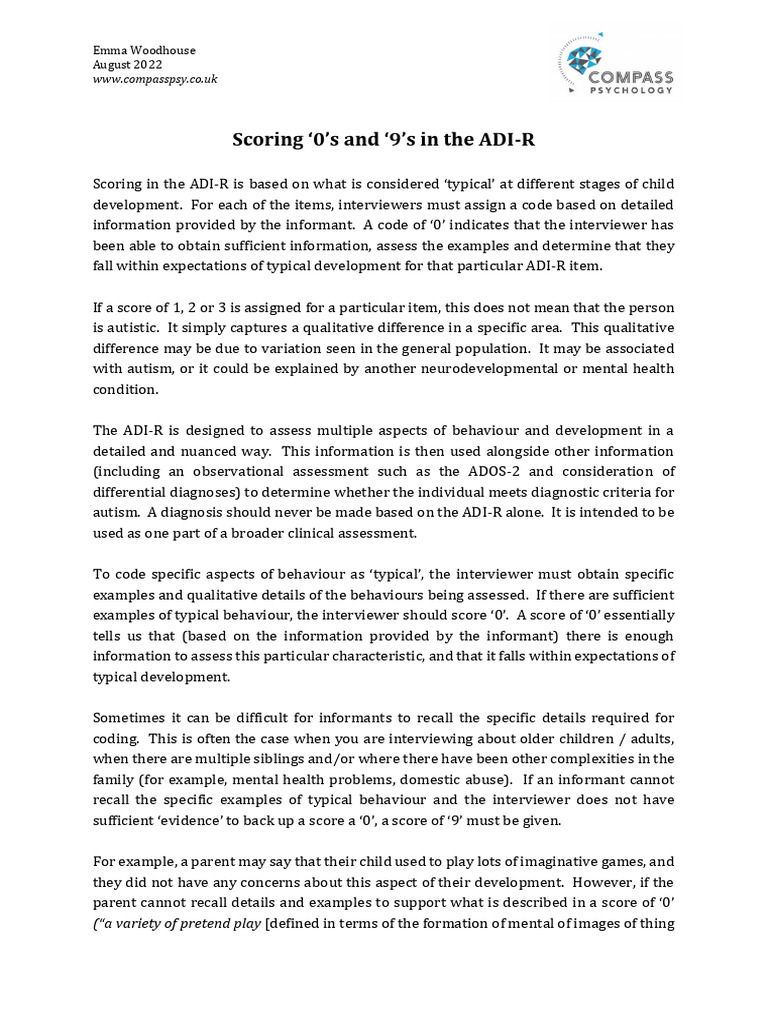 ADI-R Scoring and Interpretation Guide | PDF | Autism | Medical Diagnosis