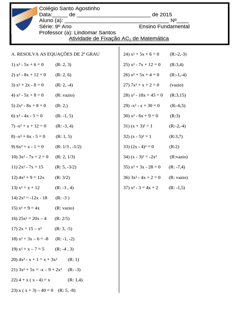 Exercícios de Equação do 2º Grau - 9º Ano | PDF