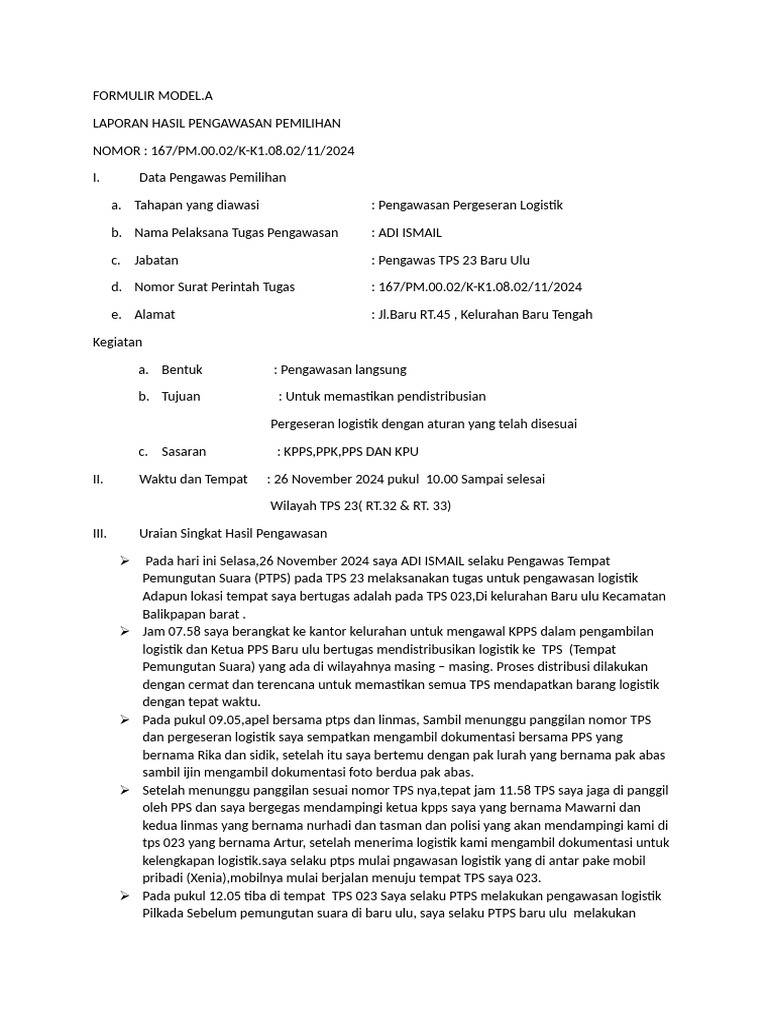 FORM A PENGAWASAN PERGESERAN LOGISTIK ADI ISMAIL TPS 23 Fiks | PDF