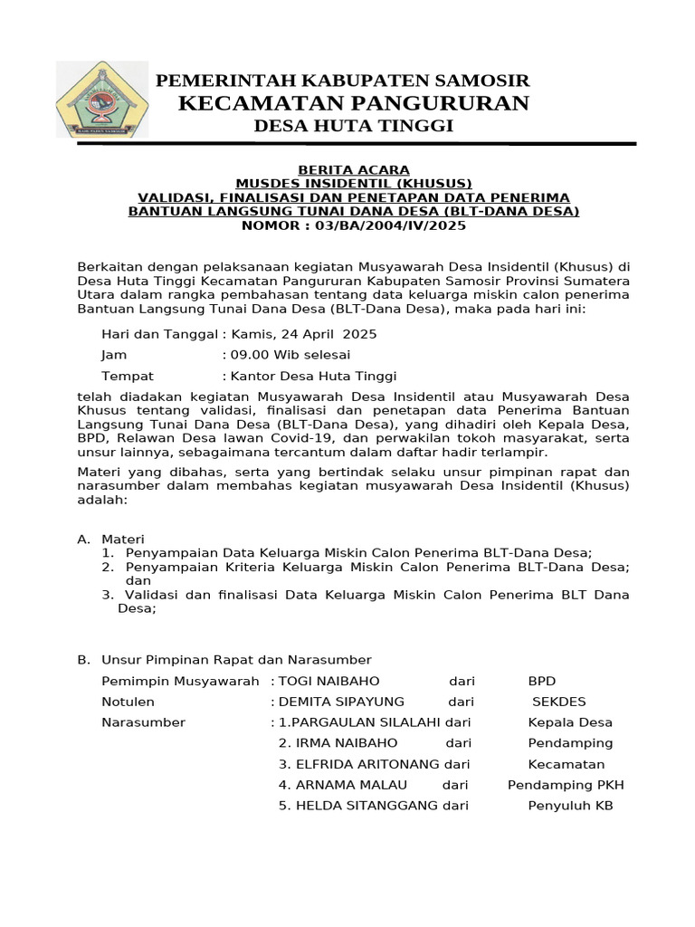 Susunan Acara Penyaluran BLT Desa | PDF