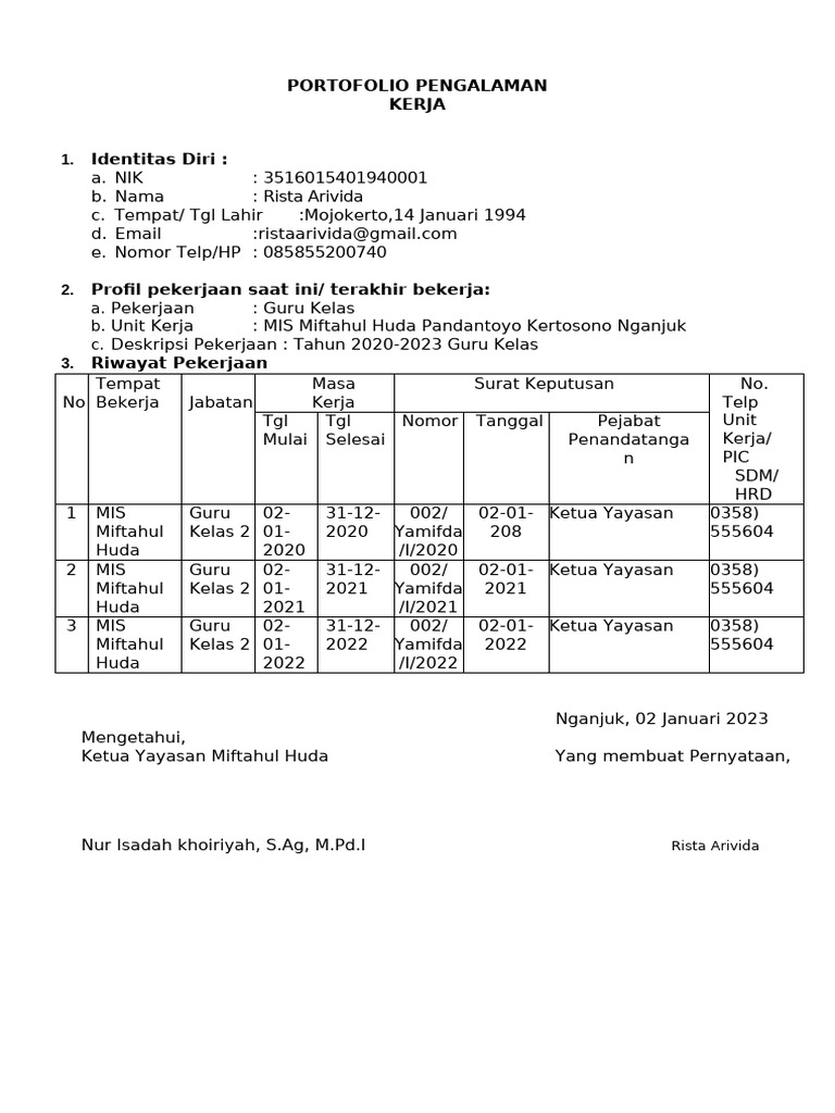 Portofolio Pengalaman Rista Arivida | PDF