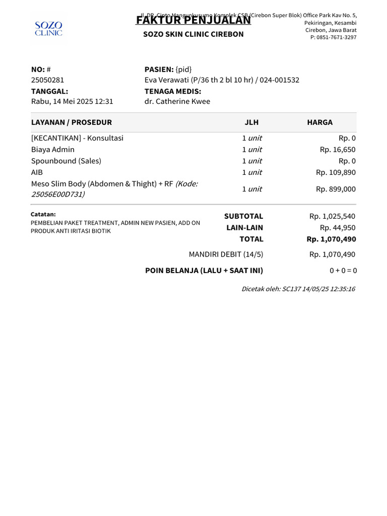 Invoice Sozo Skin Clinic Cirebon | PDF