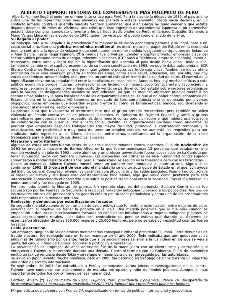 Fujimori: Polémica y legado en Perú | PDF | Perú