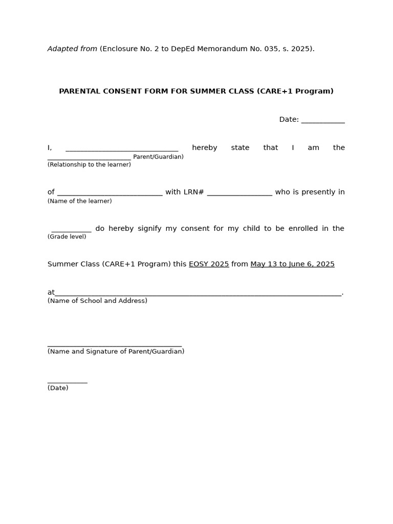 Summer Class Parental Consent Form | PDF