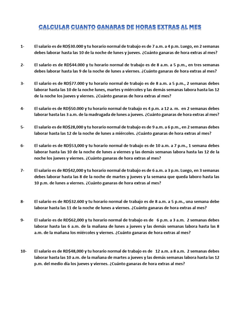 Cálculo de horas extras mensuales | PDF
