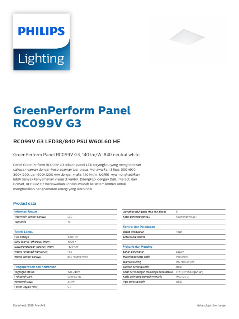 Panel LED GreenPerform RC099V G3 140 lm/W | PDF