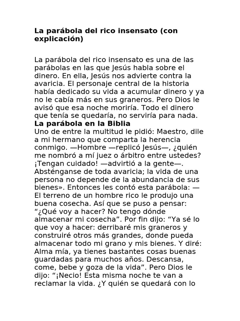 Enseñanzas de la parábola del rico insensato | PDF | Parábolas de Jesús ...