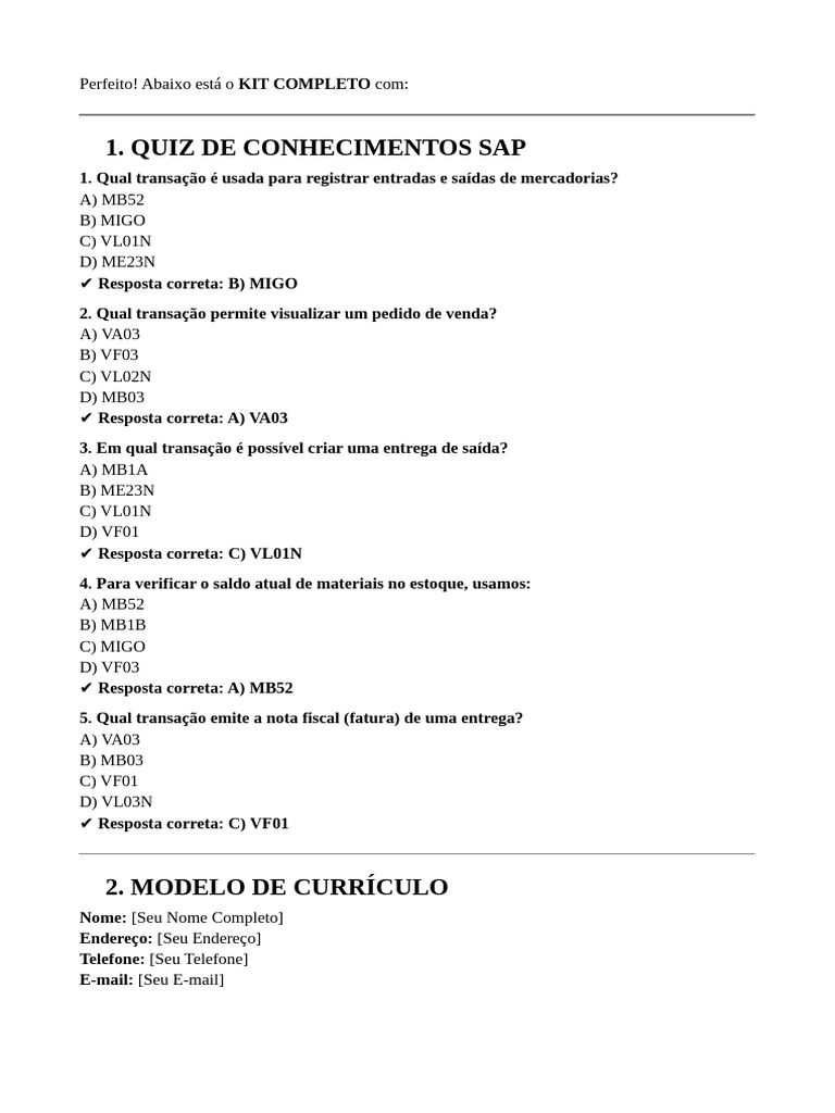 Quiz de Conhecimentos em SAP | PDF | Informática