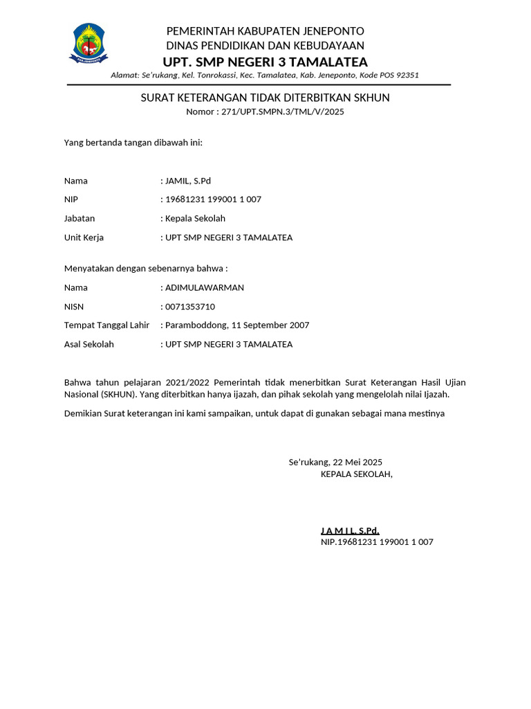 Surat Keterangan Tidak Diterbitkan SKHUN | PDF