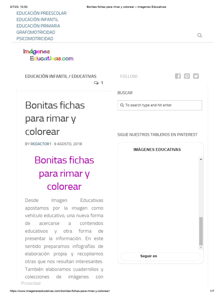 Fichas Bonitas para Colorear y Rimar | PDF | Educación de la primera ...